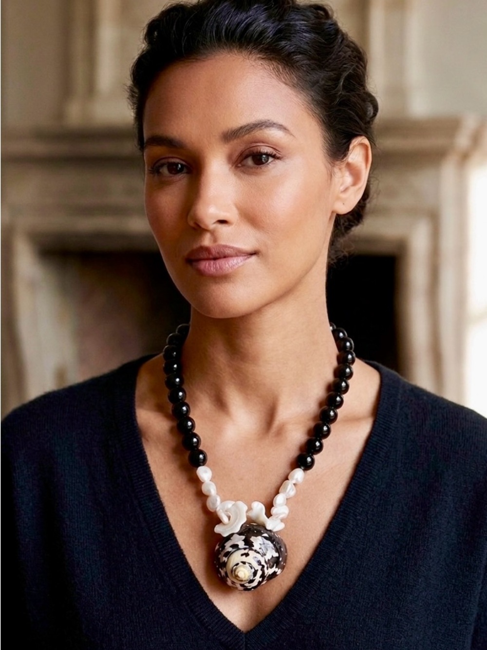 Mary Kent Designs Sterling Silver Black Bead Pearl & Large Magpie Shell Necklace